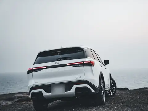 The rear glass and bumper of a white SUV parked above the sea