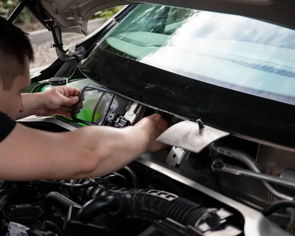 Technician working at the base of the windshield with the hood open